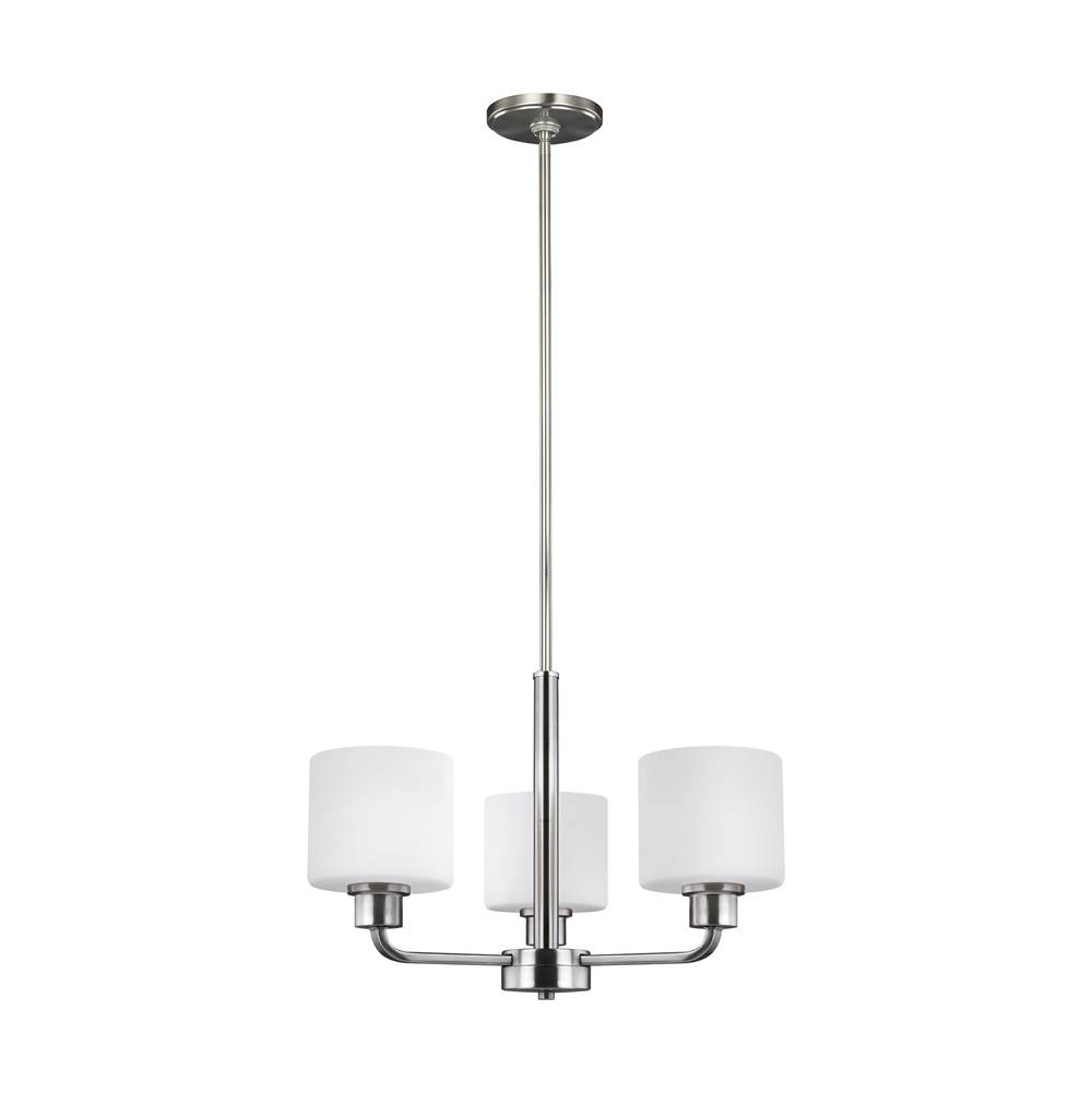 Generation Lighting Canfield Modern 3-Light Led Indoor Dimmable Ceiling Chandelier Pendant Light In Brushed Nickel Silver Finish W/Etched White Inside Glass Shades