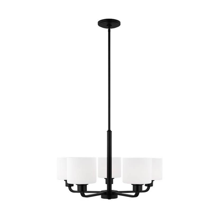 Generation Lighting Canfield Indoor Dimmable Led 5-Light Chandelier In Midnight Black Finish And Etched White Glass Shade
