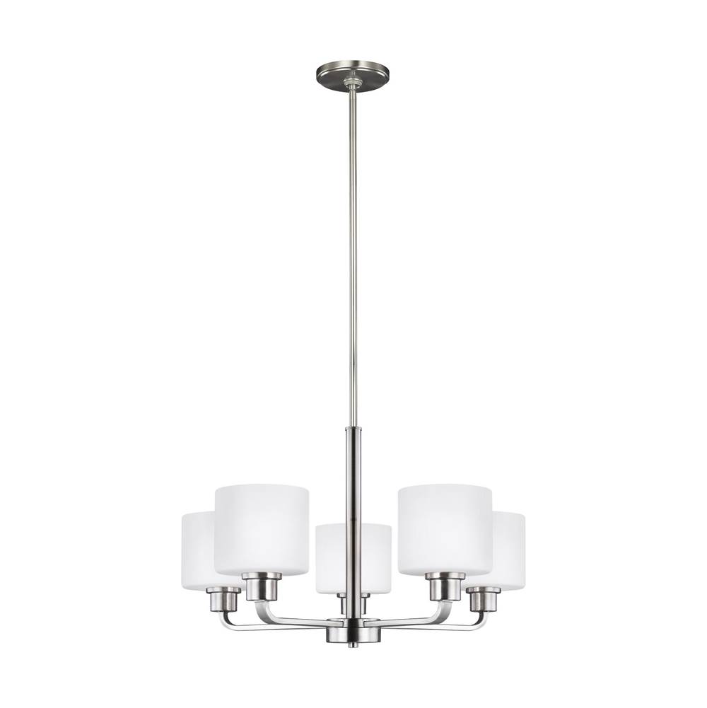Generation Lighting Canfield Modern 5-Light Led Indoor Dimmable Ceiling Chandelier Pendant Light In Brushed Nickel Silver Finish W/Etched White Inside Glass Shades