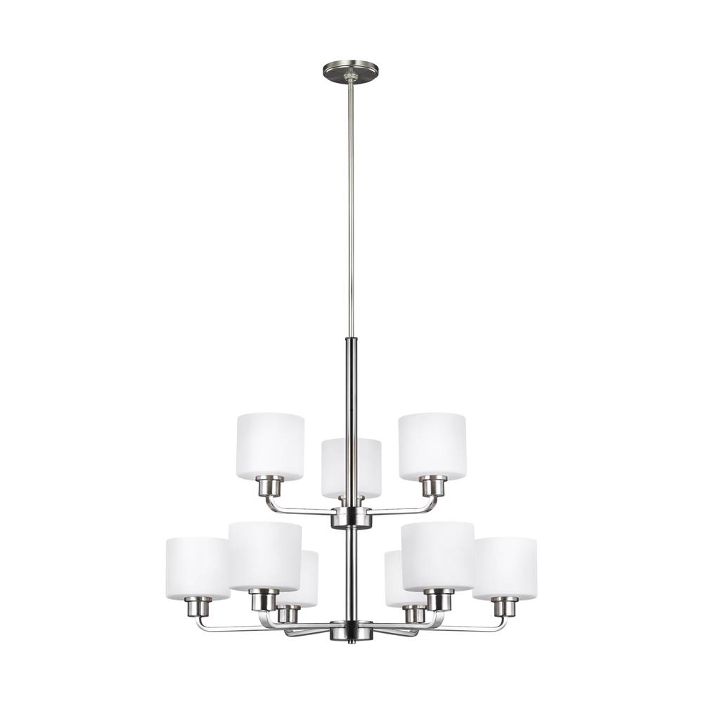 Generation Lighting Canfield Modern 9-Light Led Indoor Dimmable Ceiling Chandelier Pendant Light In Brushed Nickel Silver Finish W/Etched White Inside Glass Shades