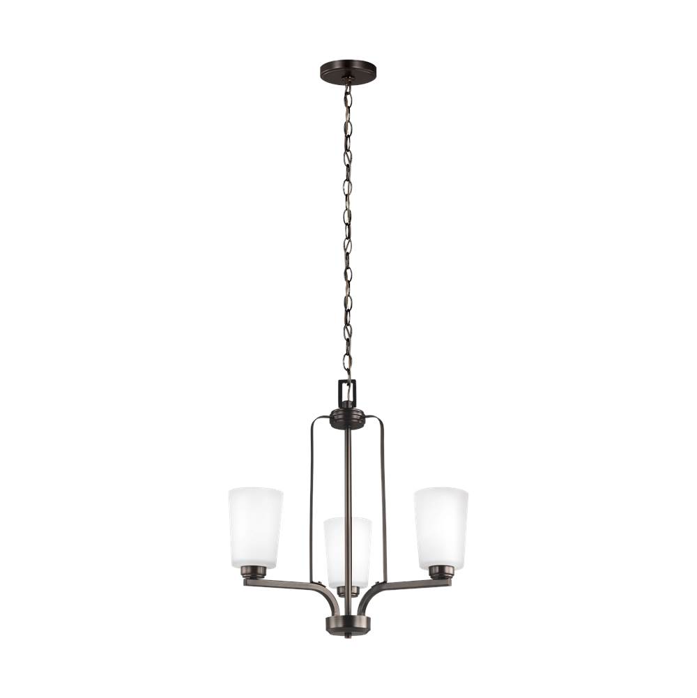Generation Lighting Franport Transitional 3-Light Indoor Dimmable Ceiling Chandelier Pendant Light In Bronze Finish With Etched White Glass Shades