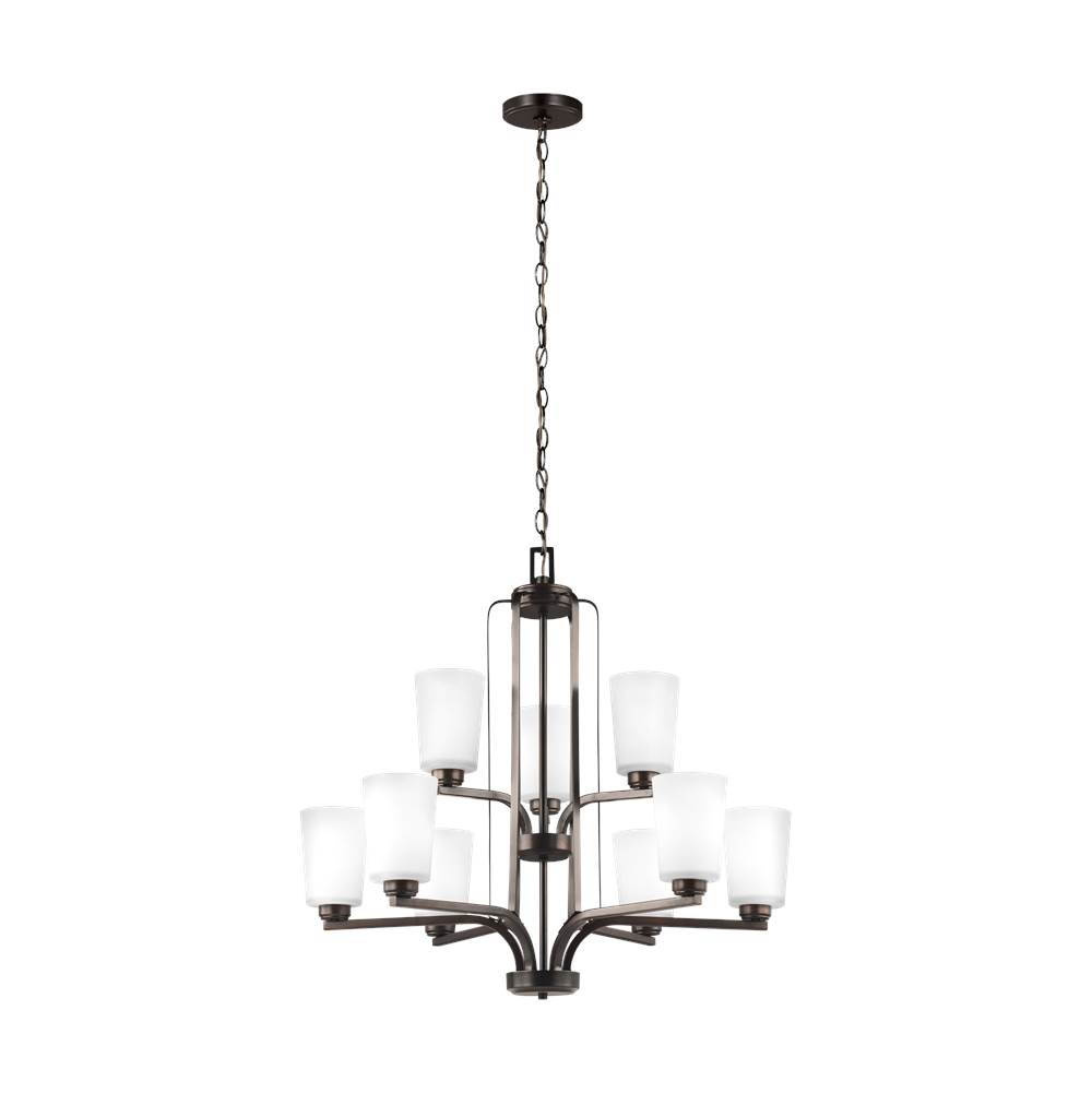 Generation Lighting Franport Transitional 9-Light Led Indoor Dimmable Ceiling Chandelier Pendant Light In Bronze Finish With Etched White Glass Shades