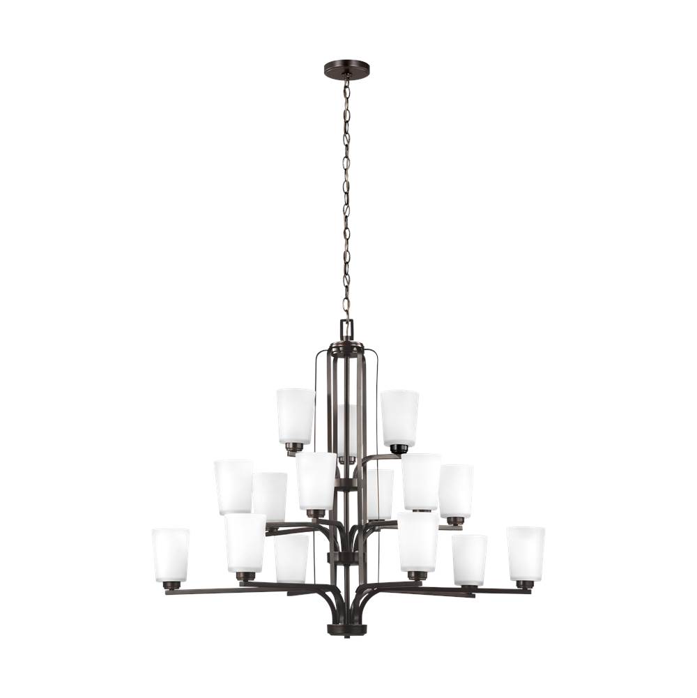 Generation Lighting Franport Transitional 15-Light Led Indoor Dimmable Ceiling Chandelier Pendant Light In Bronze Finish With Etched White Glass Shades