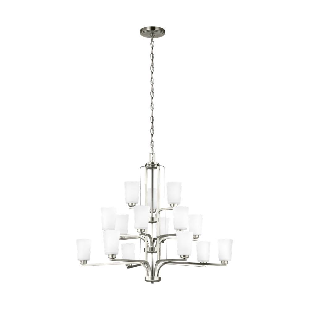 Generation Lighting Franport Transitional 15-Light Led Indoor Dimmable Ceiling Chandelier Pendant Light In Brushed Nickel Silver Finish W/Etched White Glass Shades