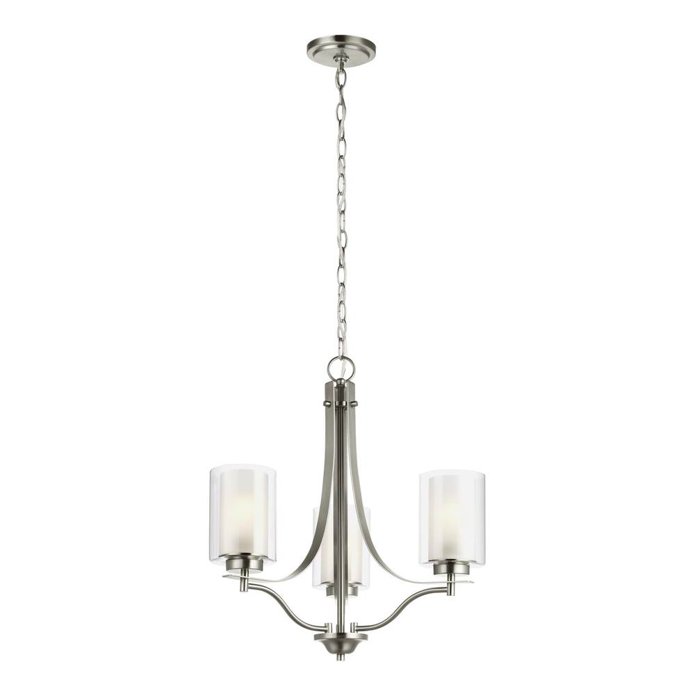 Generation Lighting Elmwood Park Traditional 3-Light Indoor Ceiling Chandelier Pendant Light In Brushed Nickel Silver W/Satin Etched Glass Shades And Clear Glass Shades