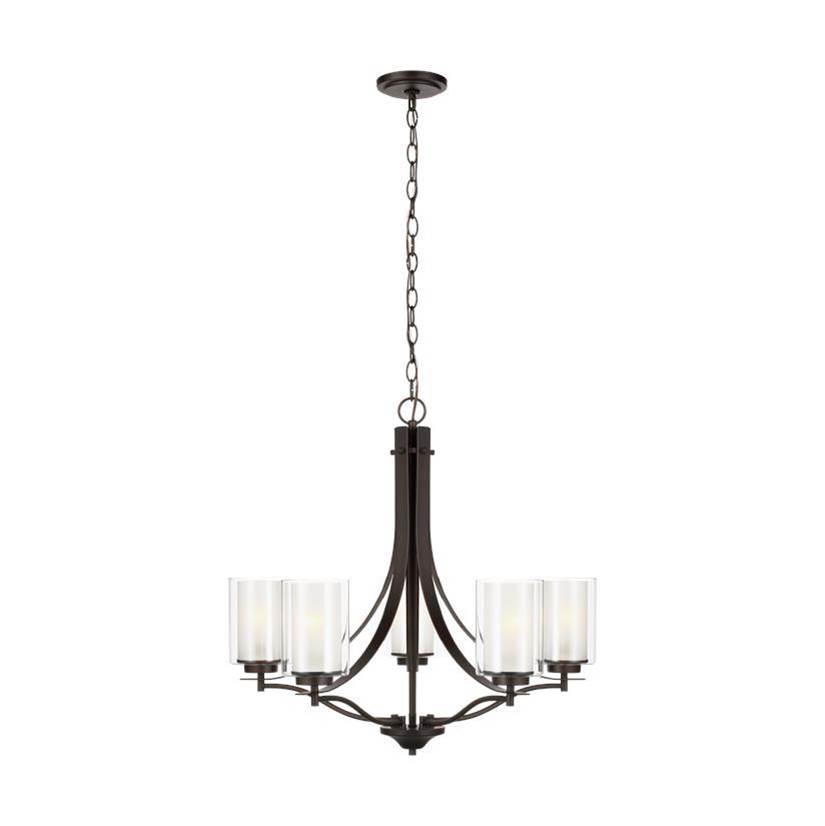 Generation Lighting Elmwood Park Traditional 5-Light Indoor Dimmable Ceiling Chandelier Pendant Light In Bronze Finish W/Satin Etched Glass Shades And Clear Glass Shades