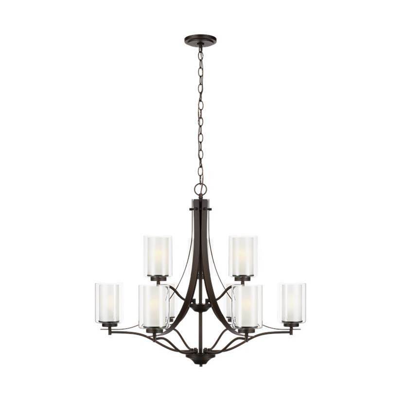 Generation Lighting Elmwood Park Traditional 9-Light Indoor Dimmable Ceiling Chandelier Pendant Light In Bronze Finish W/Satin Etched Glass Shades And Clear Glass Shades