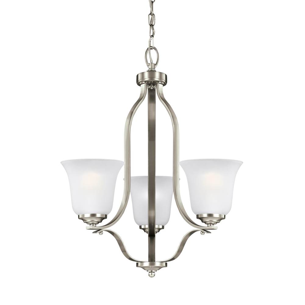 Generation Lighting Emmons Traditional 3-Light Indoor Dimmable Ceiling Chandelier Pendant Light In Brushed Nickel Silver Finish With Satin Etched Glass Shades