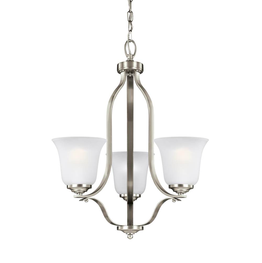 Generation Lighting Emmons Traditional 3-Light Led Indoor Dimmable Ceiling Chandelier Pendant Light In Brushed Nickel Silver Finish With Satin Etched Glass Shades