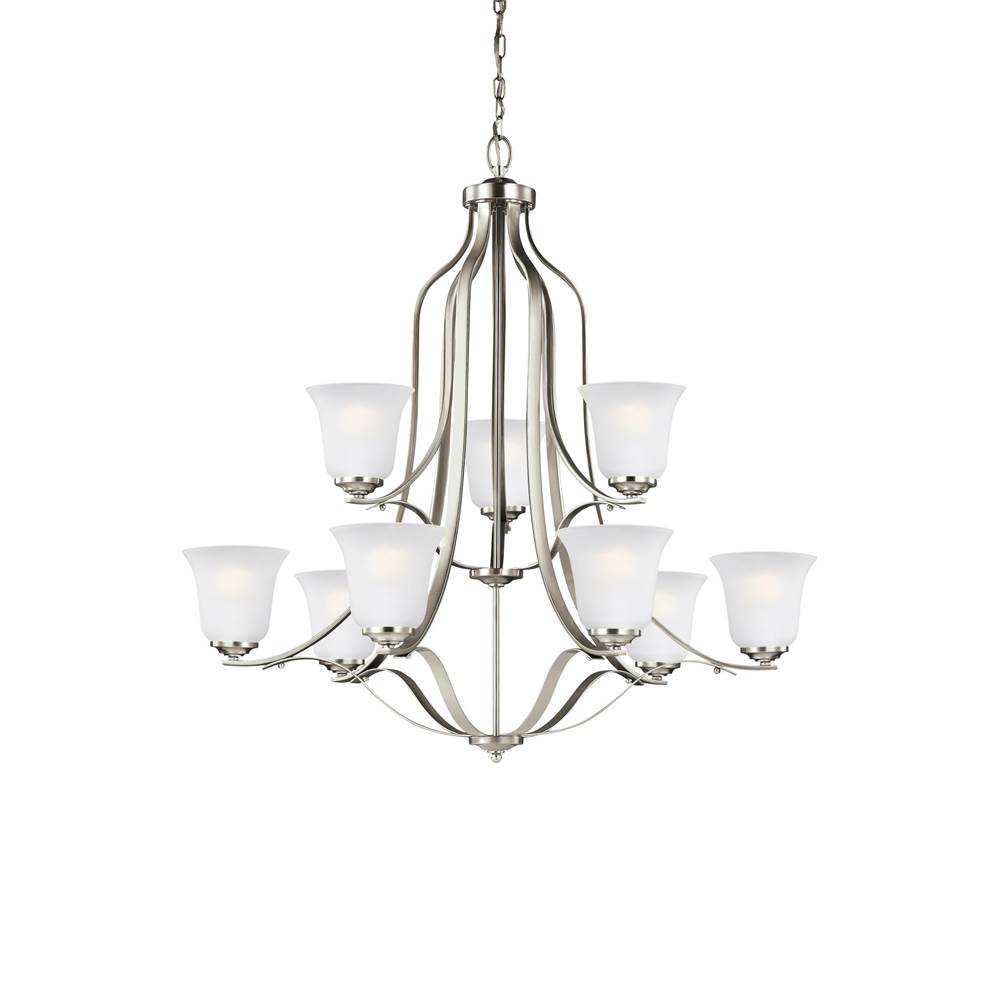 Generation Lighting Emmons Traditional 9-Light Led Indoor Dimmable Ceiling Chandelier Pendant Light In Brushed Nickel Silver Finish With Satin Etched Glass Shades