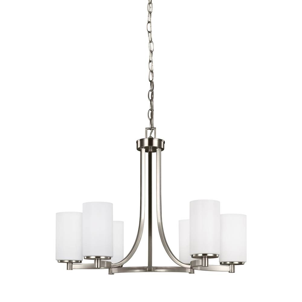 Generation Lighting Hettinger Transitional 6-Light Indoor Dimmable Ceiling Chandelier Pendant Light In Brushed Nickel Silver Finish W/Etched White Inside Glass Shades