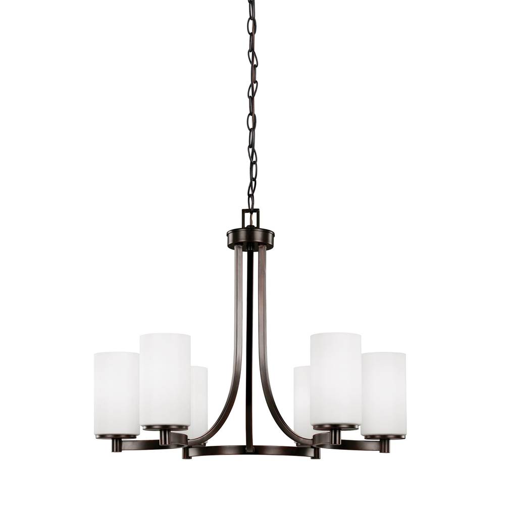 Generation Lighting Hettinger Transitional 6-Light Led Indoor Dimmable Ceiling Chandelier Pendant Light In Bronze Finish With Etched White Inside Glass Shades