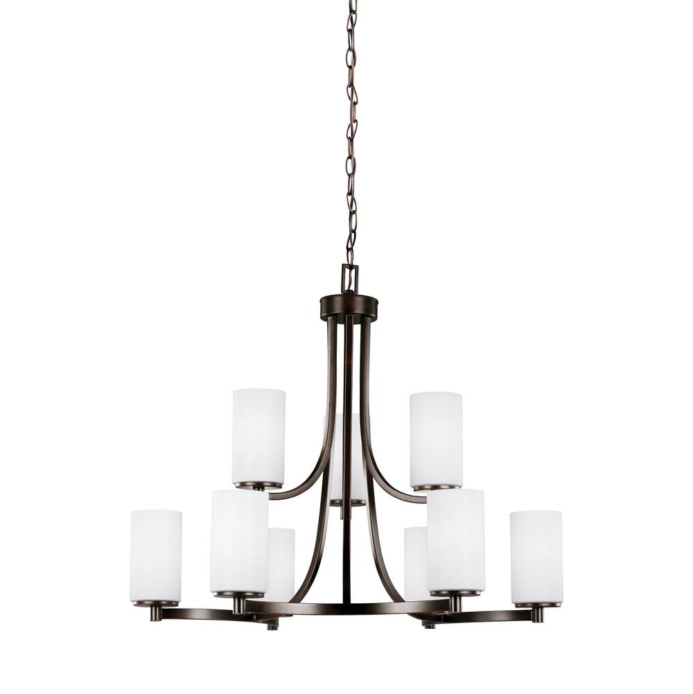 Generation Lighting Hettinger Transitional 9-Light Led Indoor Dimmable Ceiling Chandelier Pendant Light In Bronze Finish With Etched White Inside Glass Shades
