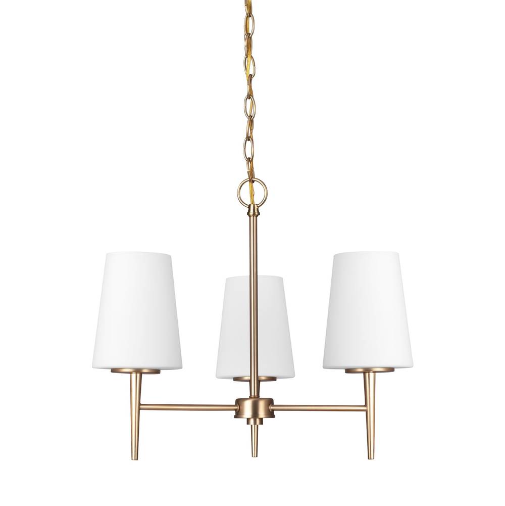 Generation Lighting Driscoll Contemporary 3-Light Indoor Dimmable Ceiling Chandelier Pendant Light In Satin Brass Gold Finish With Cased Opal Etched Glass