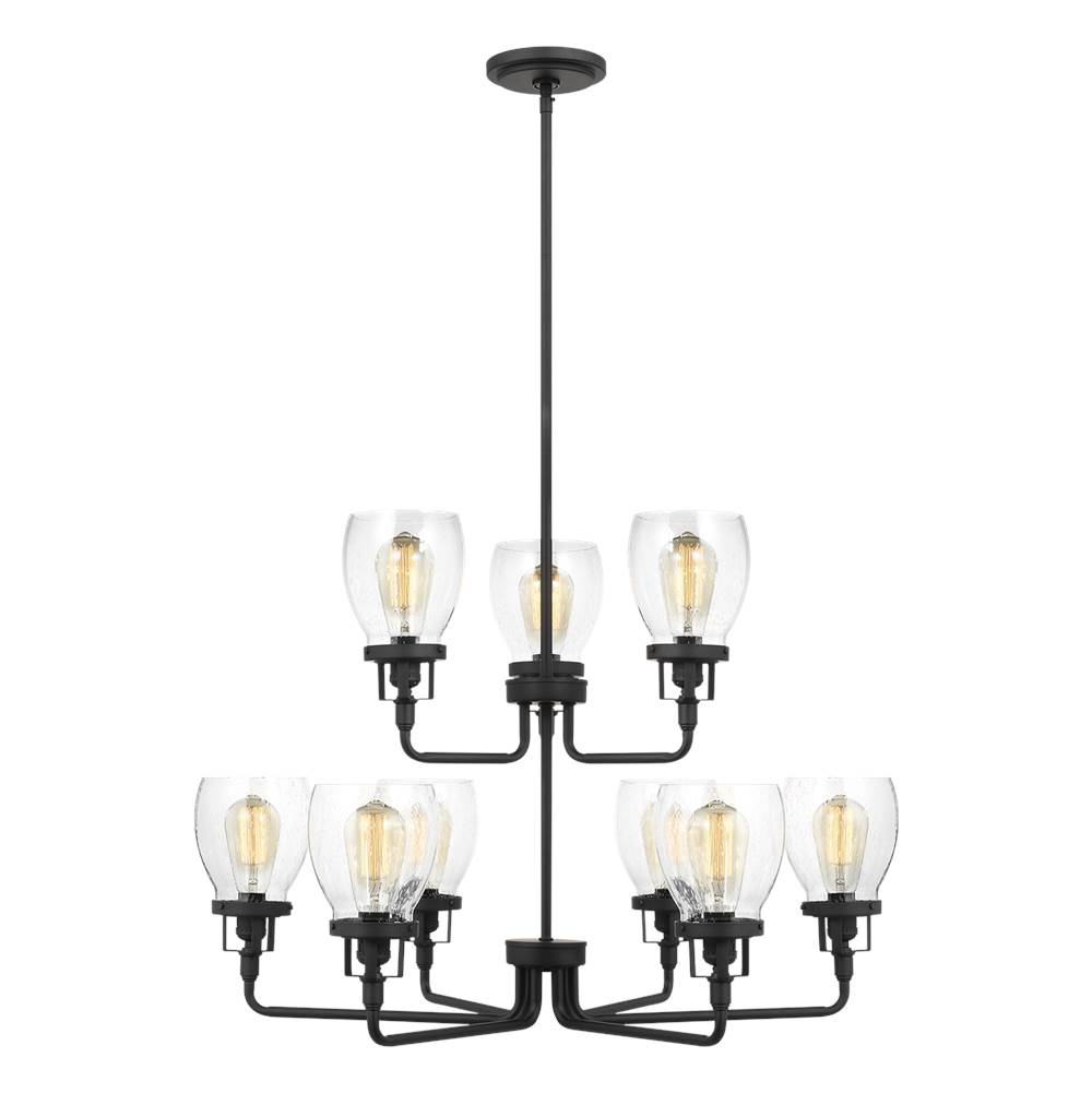 Generation Lighting Belton Transitional 9-Light Indoor Dimmable Ceiling Chandelier Pendant Light In Midnight Black Finish With Clear Seeded Glass Shades
