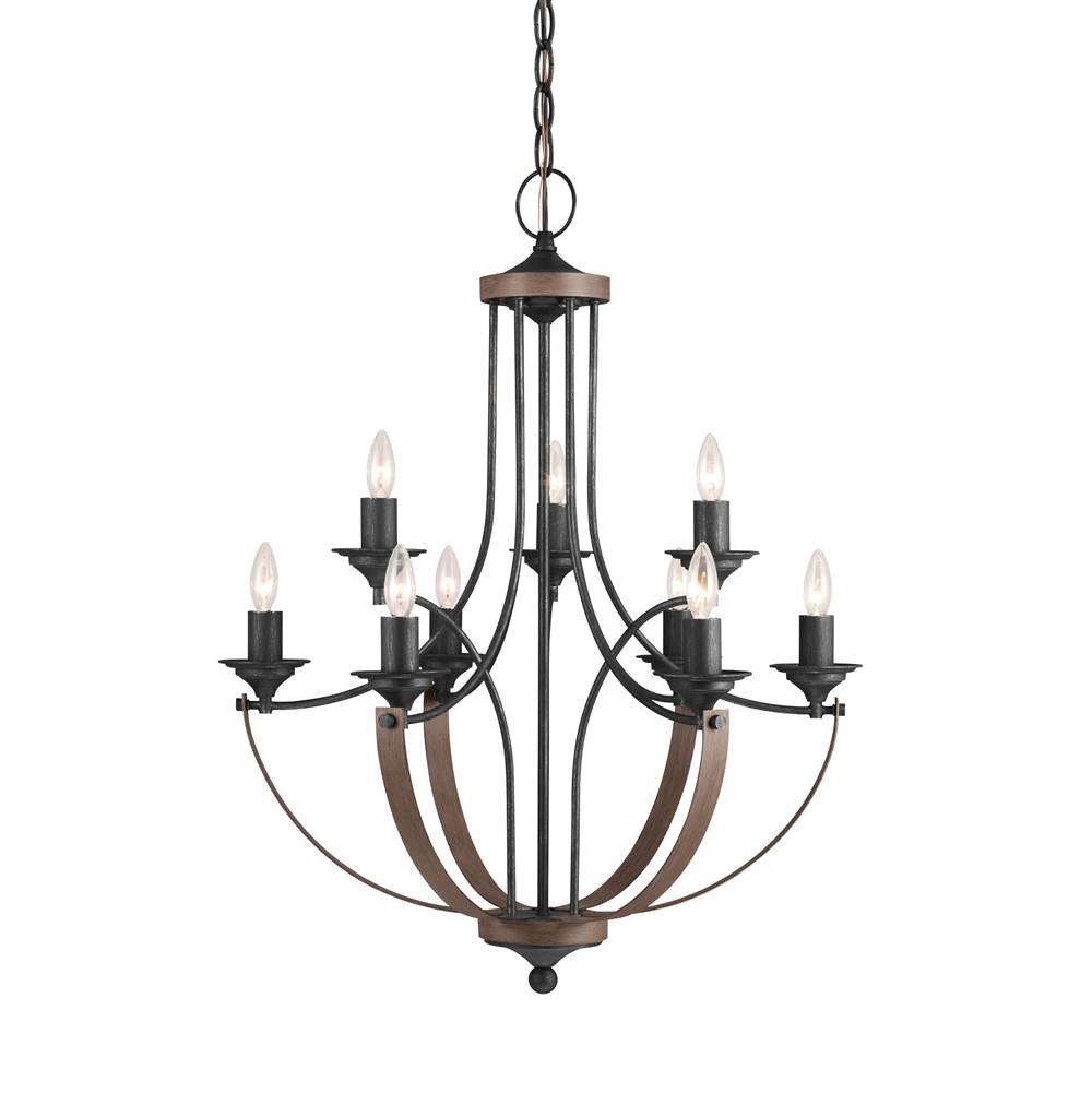Generation Lighting Corbeille Traditional 9-Light Led Indoor Dimmable Ceiling Chandelier Pendant Light In Stardust Weathered Gray And Distressed Oak Finish