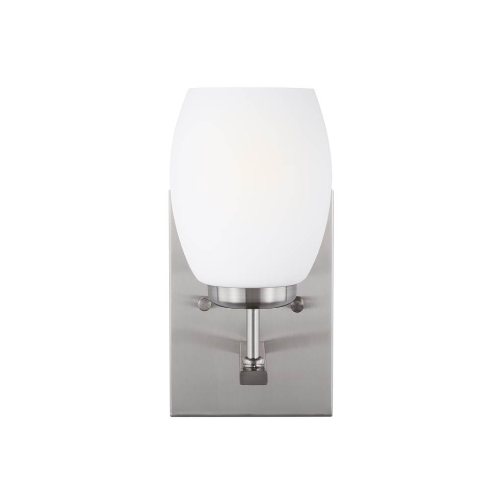 Generation Lighting Catlin Modern 1-Light Indoor Dimmable Bath Vanity Wall Sconce In Brushed Nickel Silver Finish With Etched White Inside Glass Shade