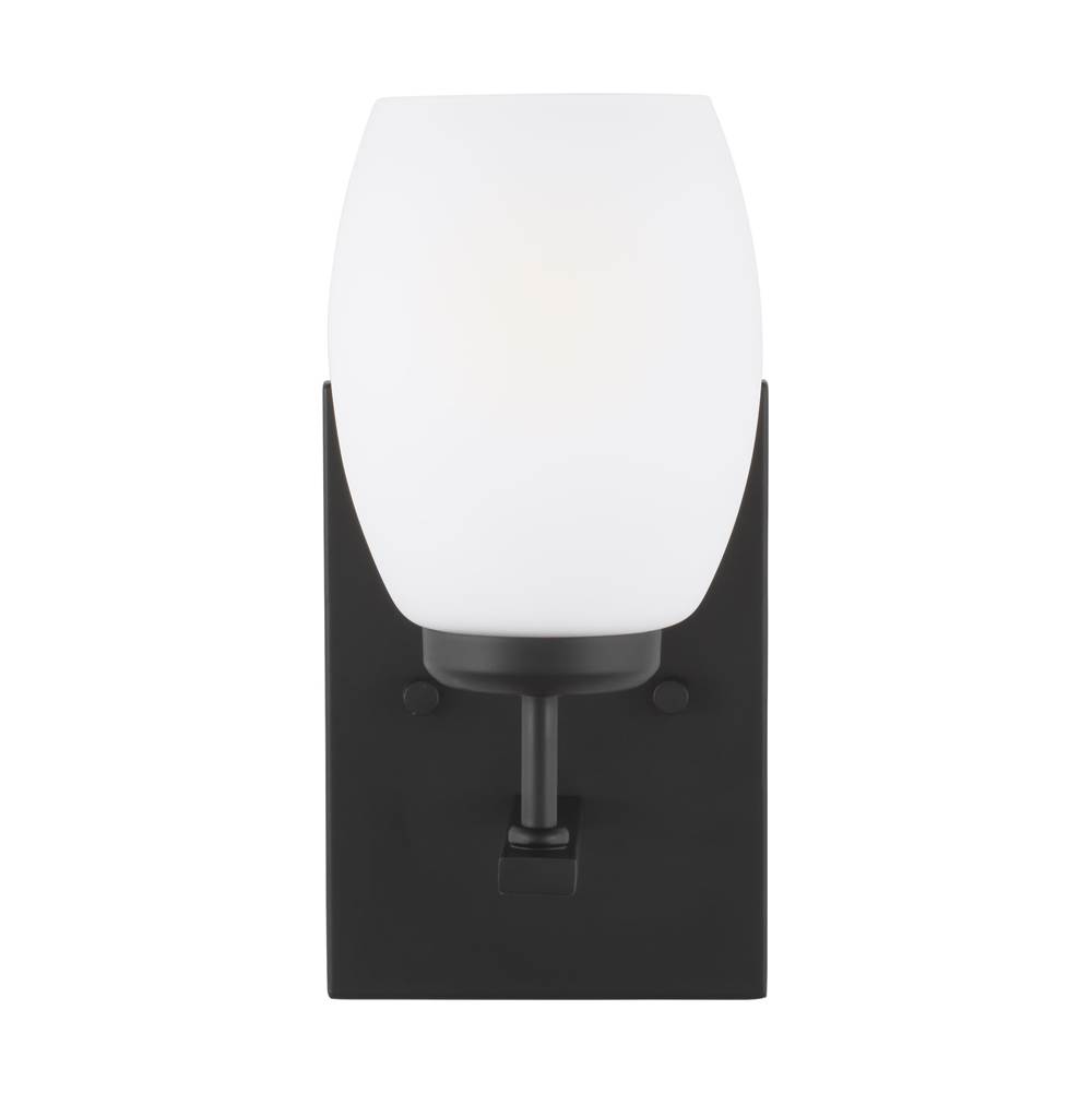 Generation Lighting Catlin Modern 1-Light Led Indoor Dimmable Bath Vanity Wall Sconce In Midnight Black Finish With Etched White Inside Glass Shade
