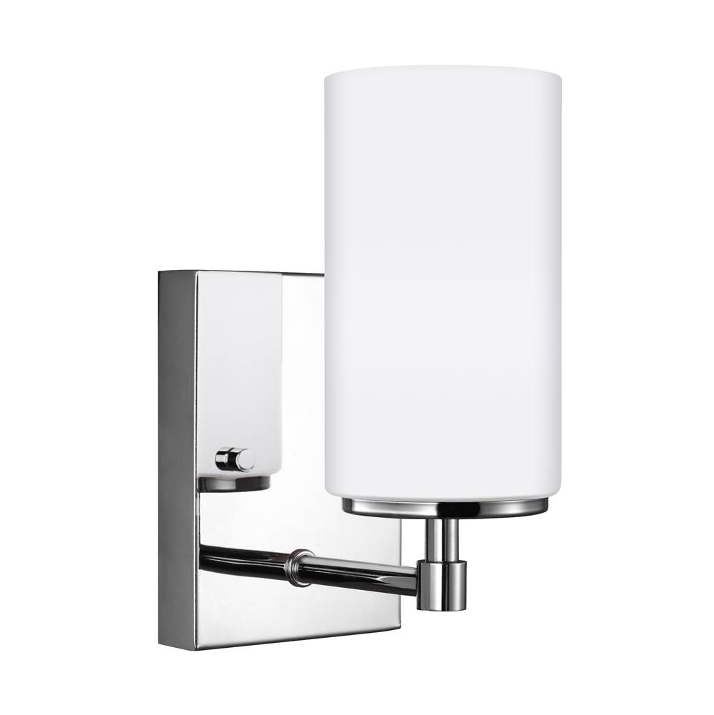 Generation Lighting Alturas Contemporary 1-Light Indoor Dimmable Bath Vanity Wall Sconce In Chrome Silver Finish With Etched White Inside Glass Shade