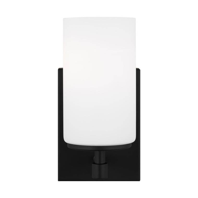 Generation Lighting Alturas Indoor Dimmable Led 1-Light Wall Bath Sconce In A Midnight Black Finish And Etched White Glass Shades