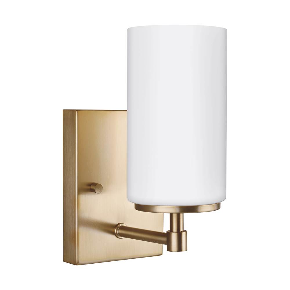 Generation Lighting Alturas Contemporary 1-Light Led Indoor Dimmable Bath Vanity Wall Sconce In Satin Brass Gold Finish With Etched White Inside Glass Shade