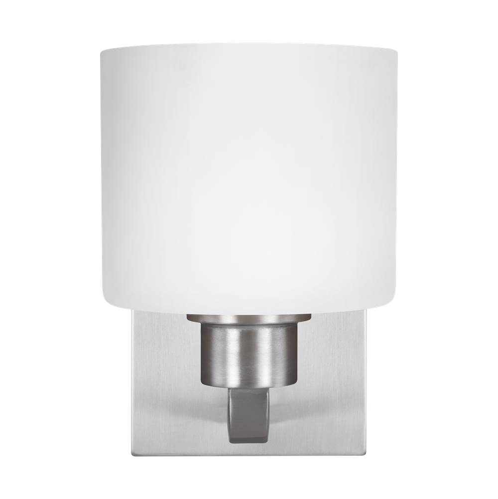 Generation Lighting Canfield Modern 1-Light Indoor Dimmable Bath Vanity Wall Sconce In Brushed Nickel Silver Finish With Etched White Inside Glass Shade
