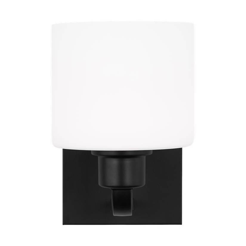 Generation Lighting Canfield Indoor Dimmable Led 1-Light Wall Bath Sconce In A Midnight Black Finish And Etched White Glass Shade
