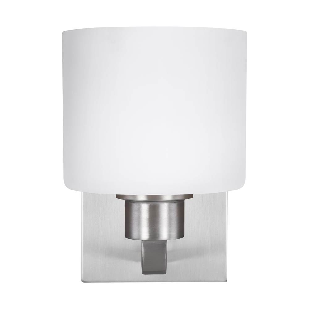 Generation Lighting Canfield Modern 1-Light Led Indoor Dimmable Bath Vanity Wall Sconce In Brushed Nickel Silver Finish With Etched White Inside Glass Shade