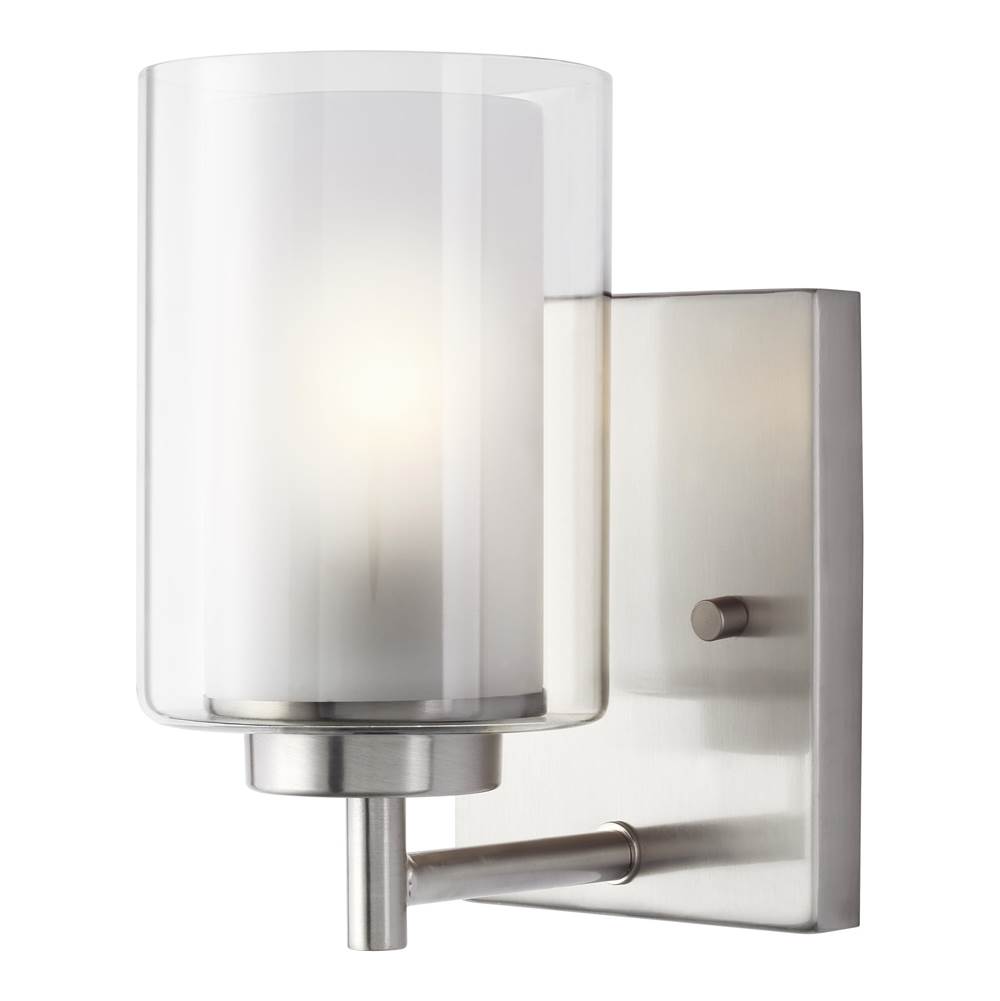 Generation Lighting Elmwood Park Traditional 1-Light Indoor Dimmable Bath Vanity Wall Sconce In Brushed Nickel Silver W/Satin Etched Glass Shade And Clear Glass Shade