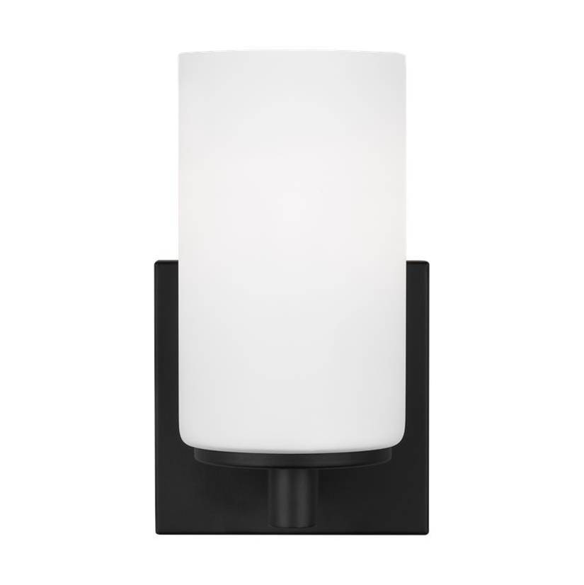 Generation Lighting Hettinger Traditional Indoor Dimmable 1-Light Wall Bath Sconce In A Midnight Black Finish With Etched White Glass Shades