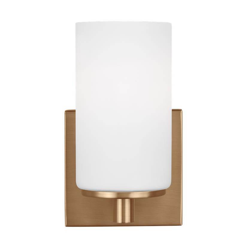 Generation Lighting Hettinger Traditional Indoor Dimmable Led 1-Light Wall Bath Sconce In A Satin Brass Finish With Etched White Glass Shades