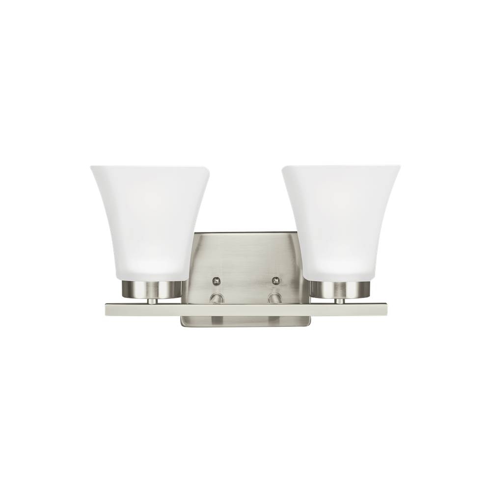 Generation Lighting Bayfield Contemporary 2-Light Indoor Dimmable Bath Vanity Wall Sconce In Brushed Nickel Silver Finish With Satin Etched Glass Shades