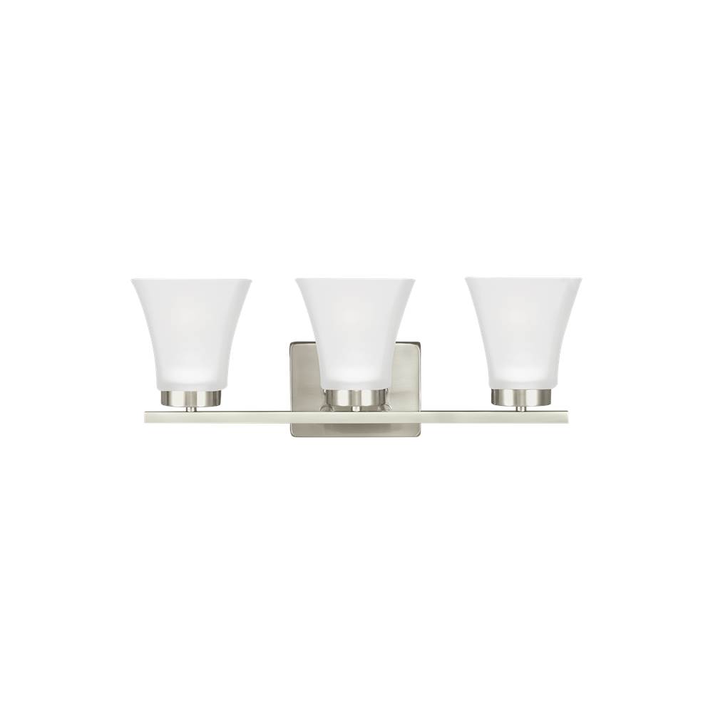 Generation Lighting Bayfield Contemporary 3-Light Indoor Dimmable Bath Vanity Wall Sconce In Brushed Nickel Silver Finish With Satin Etched Glass Shades