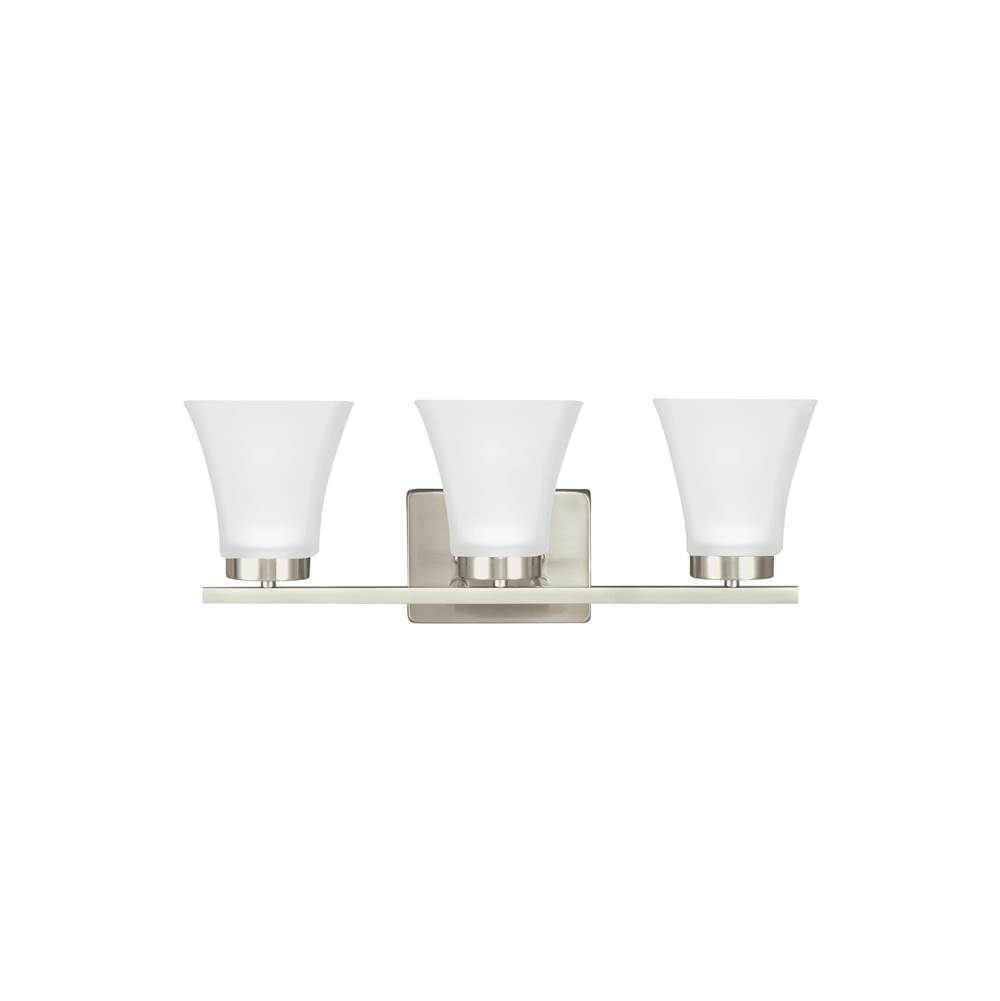 Generation Lighting Bayfield Contemporary 3-Light Led Indoor Dimmable Bath Vanity Wall Sconce In Brushed Nickel Silver Finish With Satin Etched Glass Shades