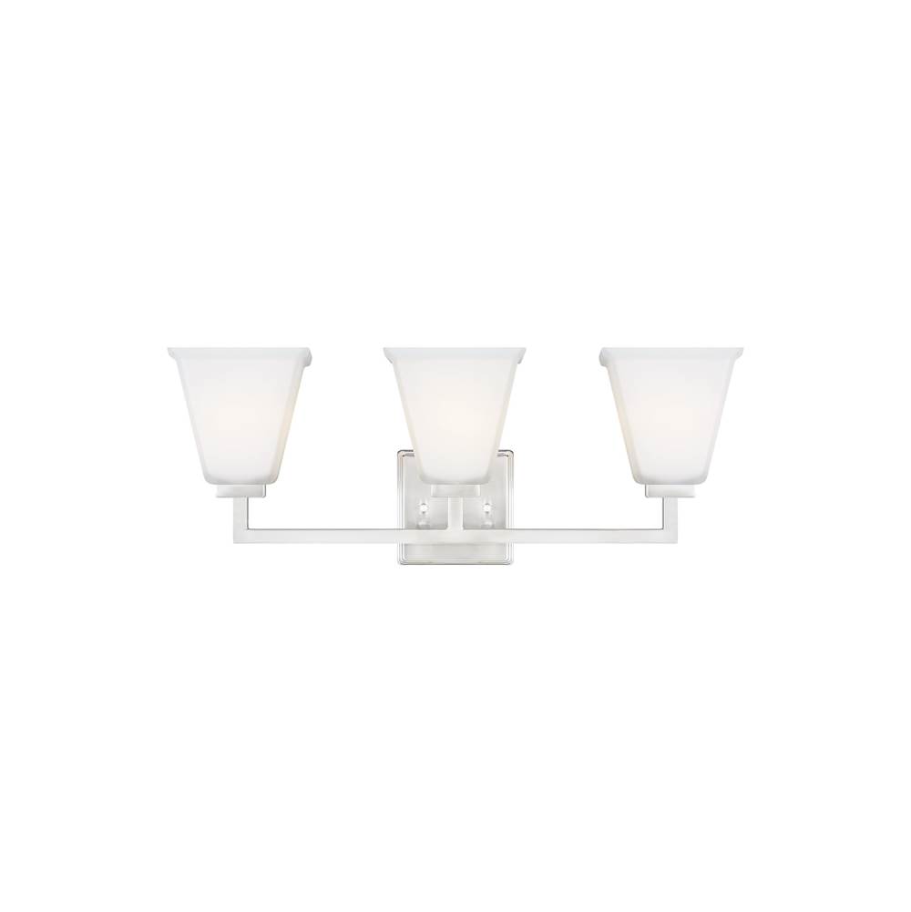 Generation Lighting Ellis Harper Classic 3-Light Indoor Dimmable Bath Vanity Wall Sconce In Brushed Nickel Silver Finish With Etched White Inside Glass Shades