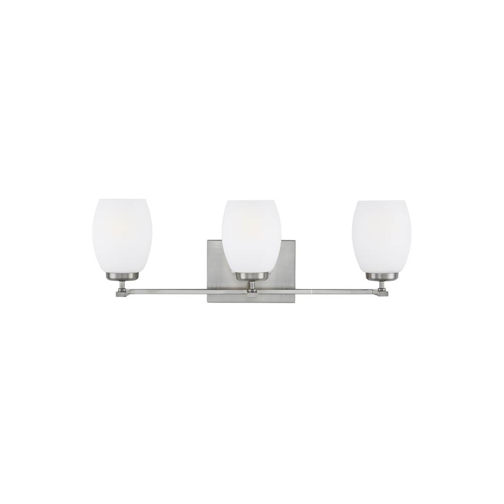 Generation Lighting Catlin Modern 3-Light Indoor Dimmable Bath Vanity Wall Sconce In Brushed Nickel Silver Finish With Etched White Inside Glass Shades