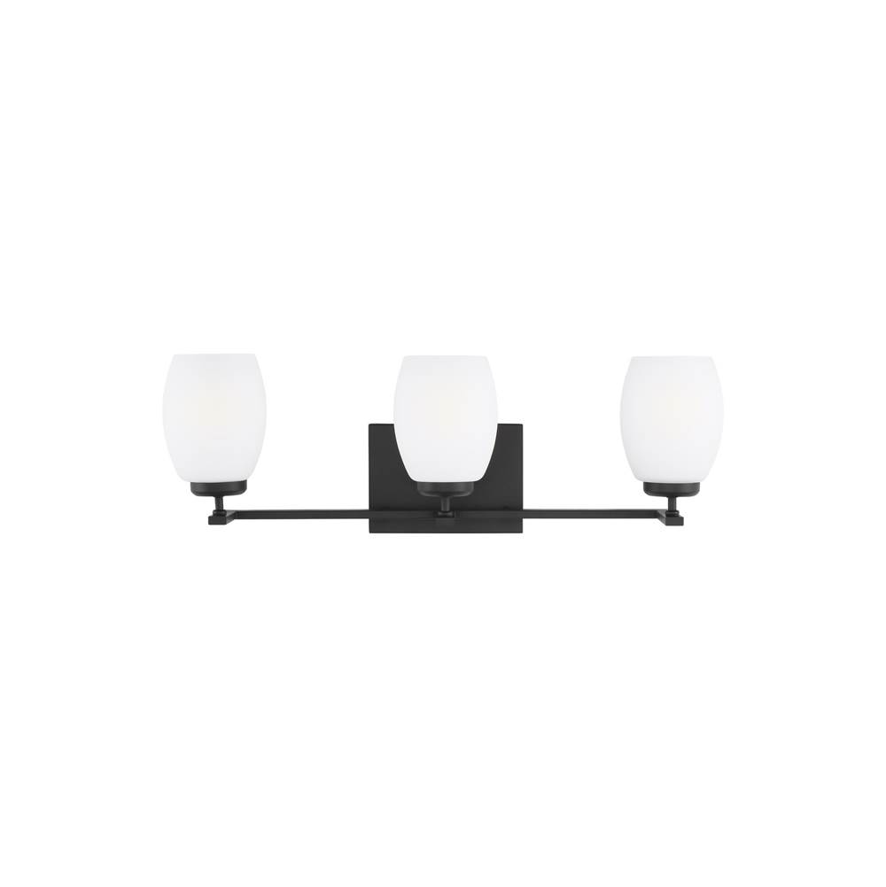 Generation Lighting Catlin Modern 3-Light Led Indoor Dimmable Bath Vanity Wall Sconce In Midnight Black Finish With Etched White Inside Glass Shades