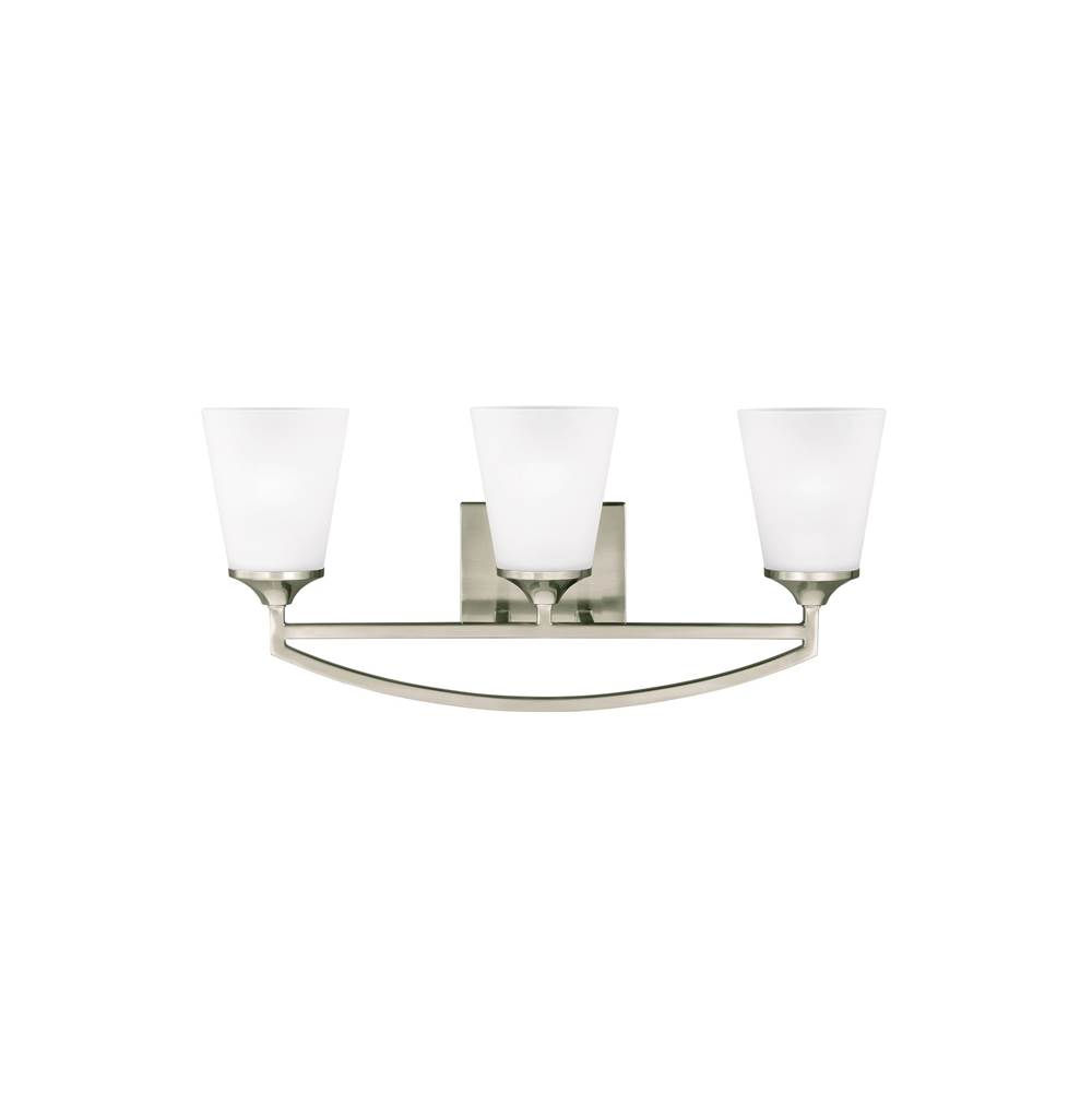 Generation Lighting Hanford Traditional 3-Light Indoor Dimmable Bath Vanity Wall Sconce In Brushed Nickel Silver Finish With Satin Etched Glass Shades