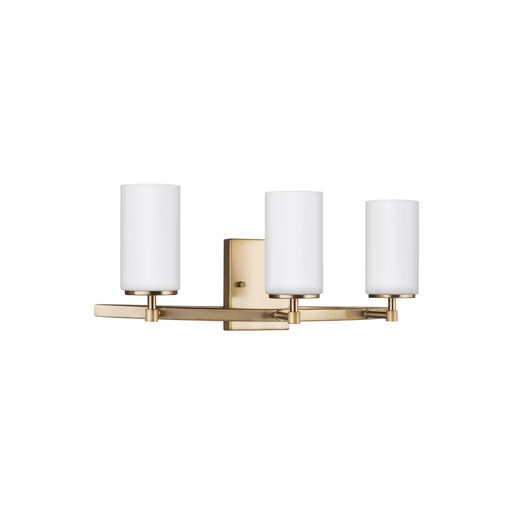 Generation Lighting Alturas Contemporary 3-Light Led Indoor Dimmable Bath Vanity Wall Sconce In Satin Brass Gold Finish With Etched White Inside Glass Shades