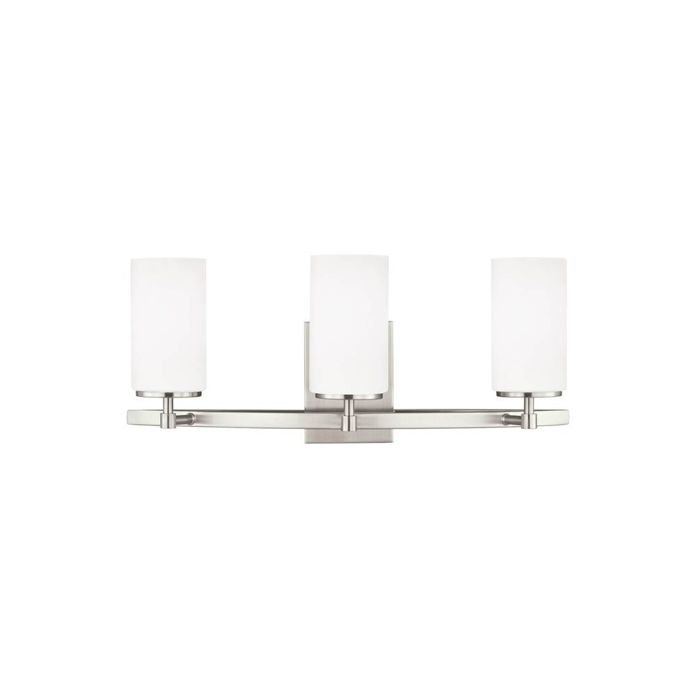 Generation Lighting Alturas Contemporary 3-Light Led Indoor Dimmable Bath Vanity Wall Sconce In Brushed Nickel Silver Finish With Etched White Inside Glass Shades