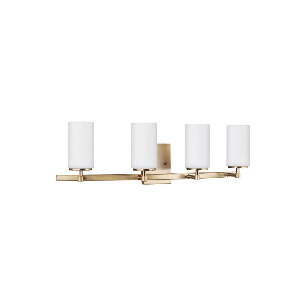 Generation Lighting Alturas Contemporary 4-Light Indoor Dimmable Bath Vanity Wall Sconce In Satin Brass Gold Finish With Etched White Inside Glass Shades