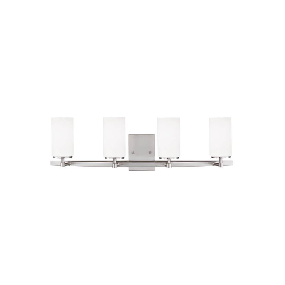 Generation Lighting Alturas Contemporary 4-Light Indoor Dimmable Bath Vanity Wall Sconce In Brushed Nickel Silver Finish With Etched White Inside Glass Shades