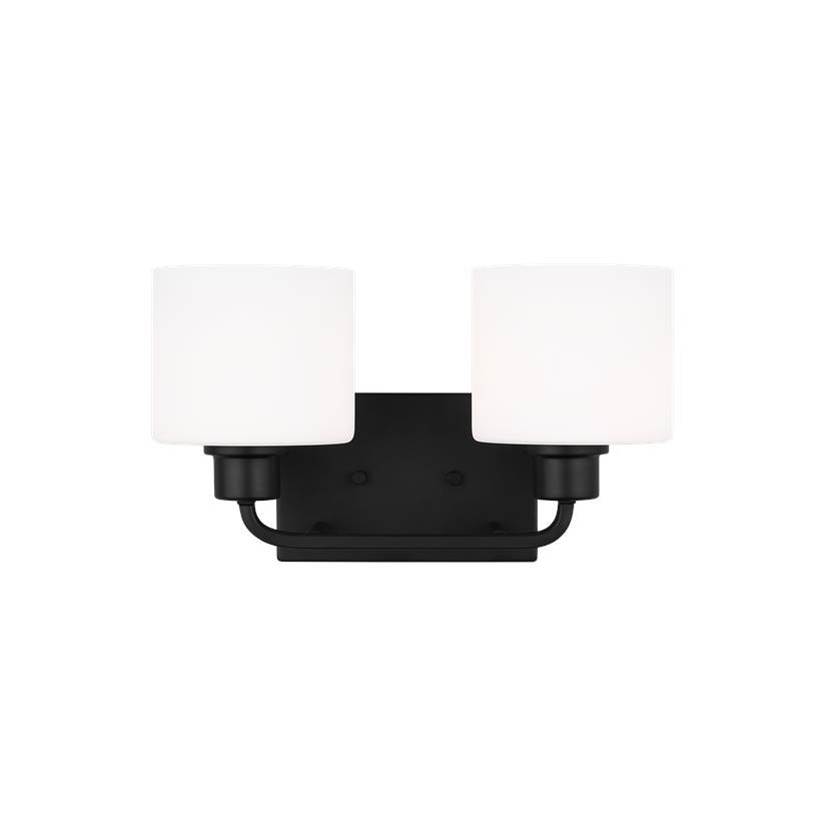 Generation Lighting Canfield Indoor Dimmable 2-Light Wall Bath Sconce In A Midnight Black Finish And Etched White Glass Shade