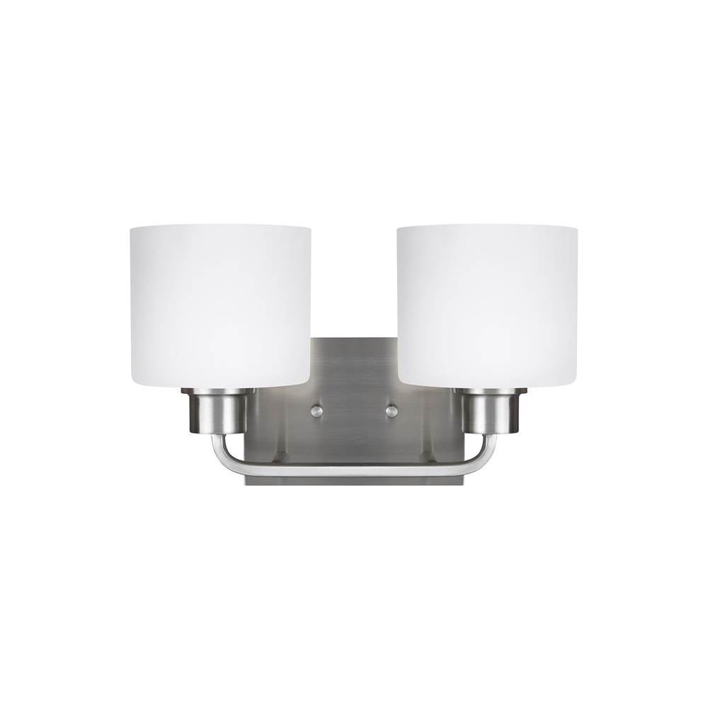 Generation Lighting Canfield Modern 2-Light Led Indoor Dimmable Bath Vanity Wall Sconce In Brushed Nickel Silver Finish With Etched White Inside Glass Shades