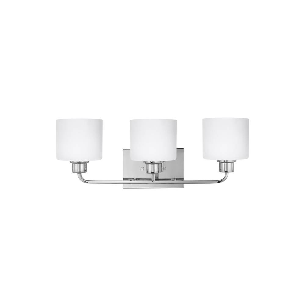 Generation Lighting Canfield Modern 3-Light Indoor Dimmable Bath Vanity Wall Sconce In Chrome Silver Finish With Etched White Inside Glass Shades