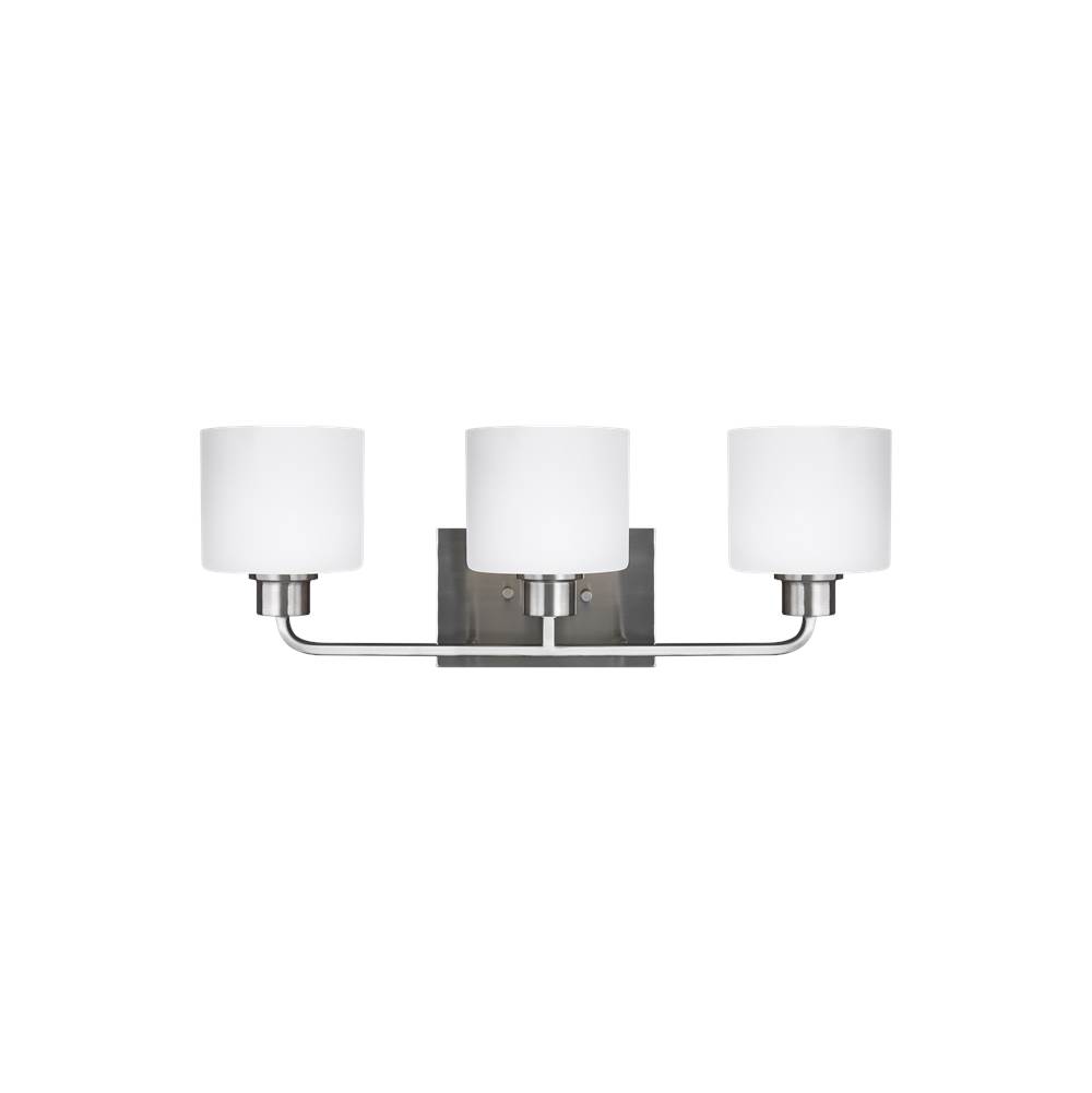 Generation Lighting Canfield Modern 3-Light Indoor Dimmable Bath Vanity Wall Sconce In Brushed Nickel Silver Finish With Etched White Inside Glass Shades
