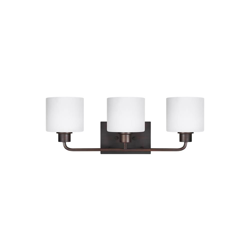 Generation Lighting Canfield Modern 3-Light Led Indoor Dimmable Bath Vanity Wall Sconce In Bronze Finish With Etched White Inside Glass Shades