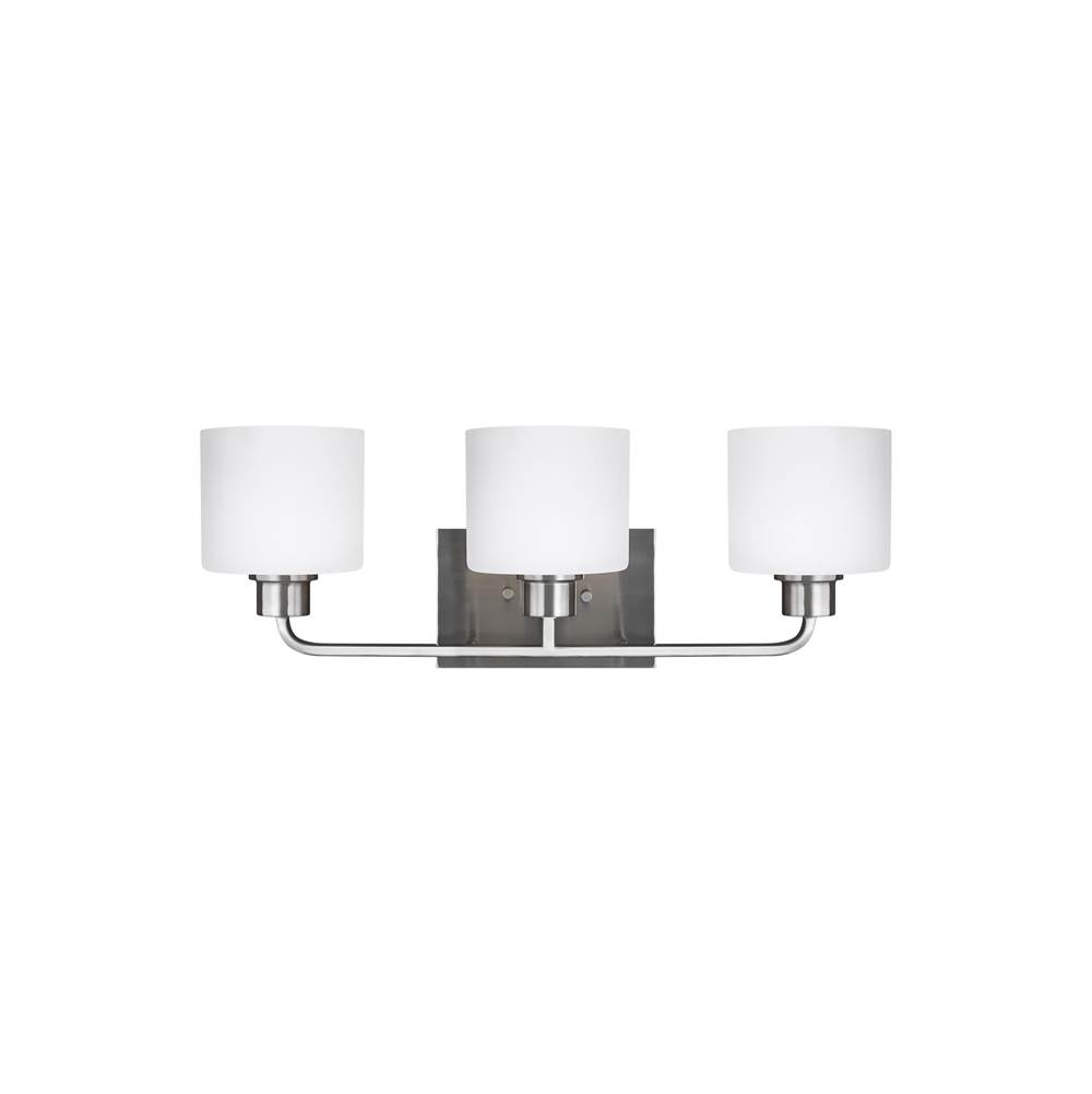 Generation Lighting Canfield Modern 3-Light Led Indoor Dimmable Bath Vanity Wall Sconce In Brushed Nickel Silver Finish With Etched White Inside Glass Shades