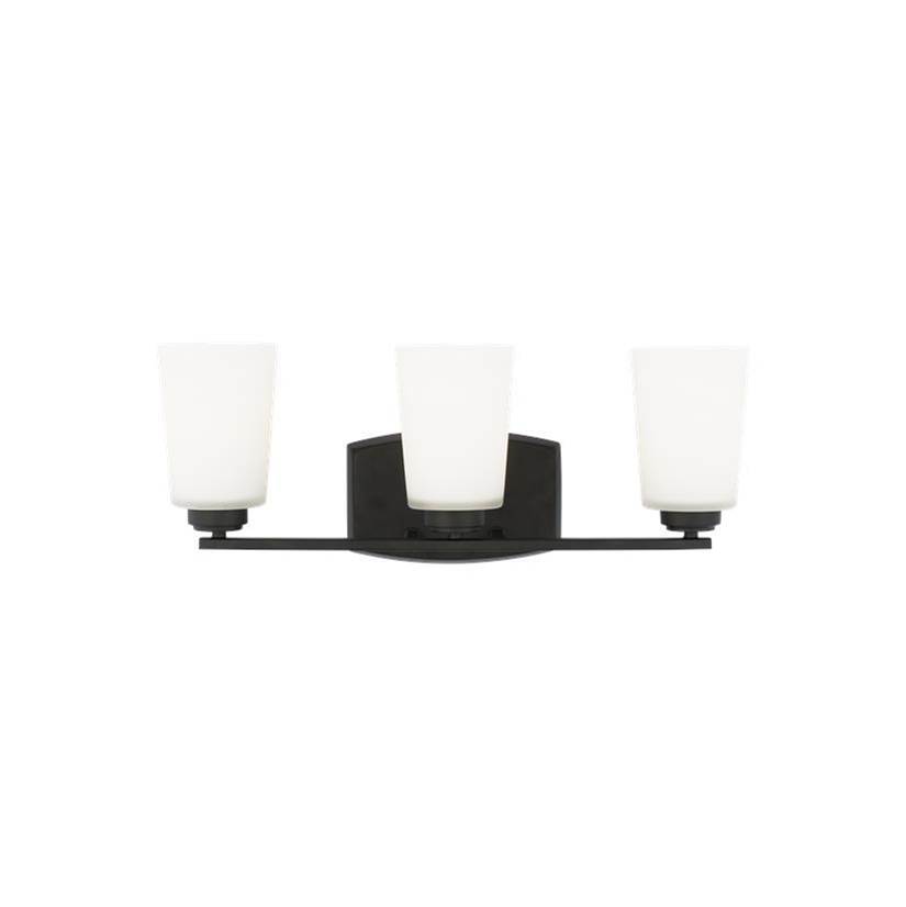 Generation Lighting Franport Transitional 3-Light Indoor Dimmable Bath Vanity Wall Sconce In Midnight Black Finish With Etched White Glass Shades