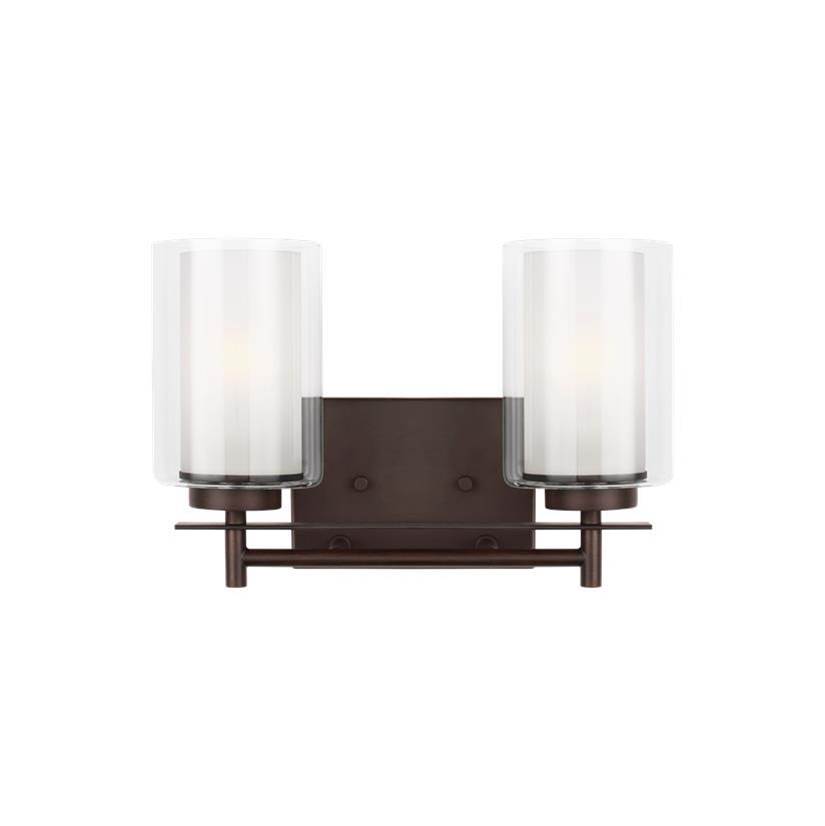 Generation Lighting Elmwood Park Traditional 2-Light Indoor Dimmable Bath Vanity Wall Sconce In Bronze Finish With Satin Etched Glass Shades And Clear Glass Shades